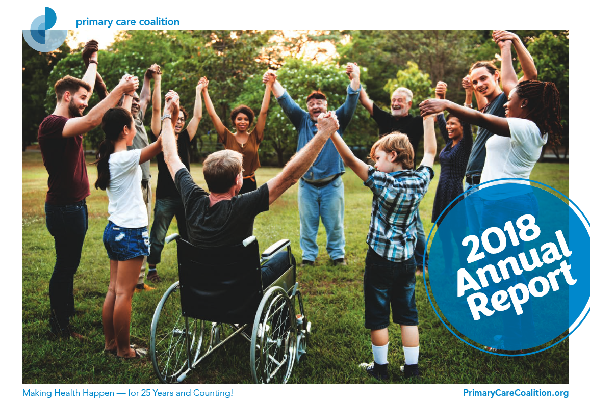 PCC 2018 Annual Report Cover image showing a diverse group of community members in a park holding hands. 